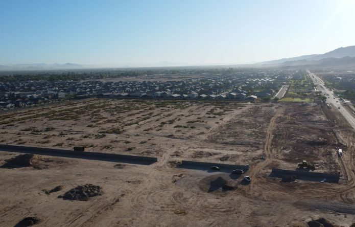 A view of some houses from above.